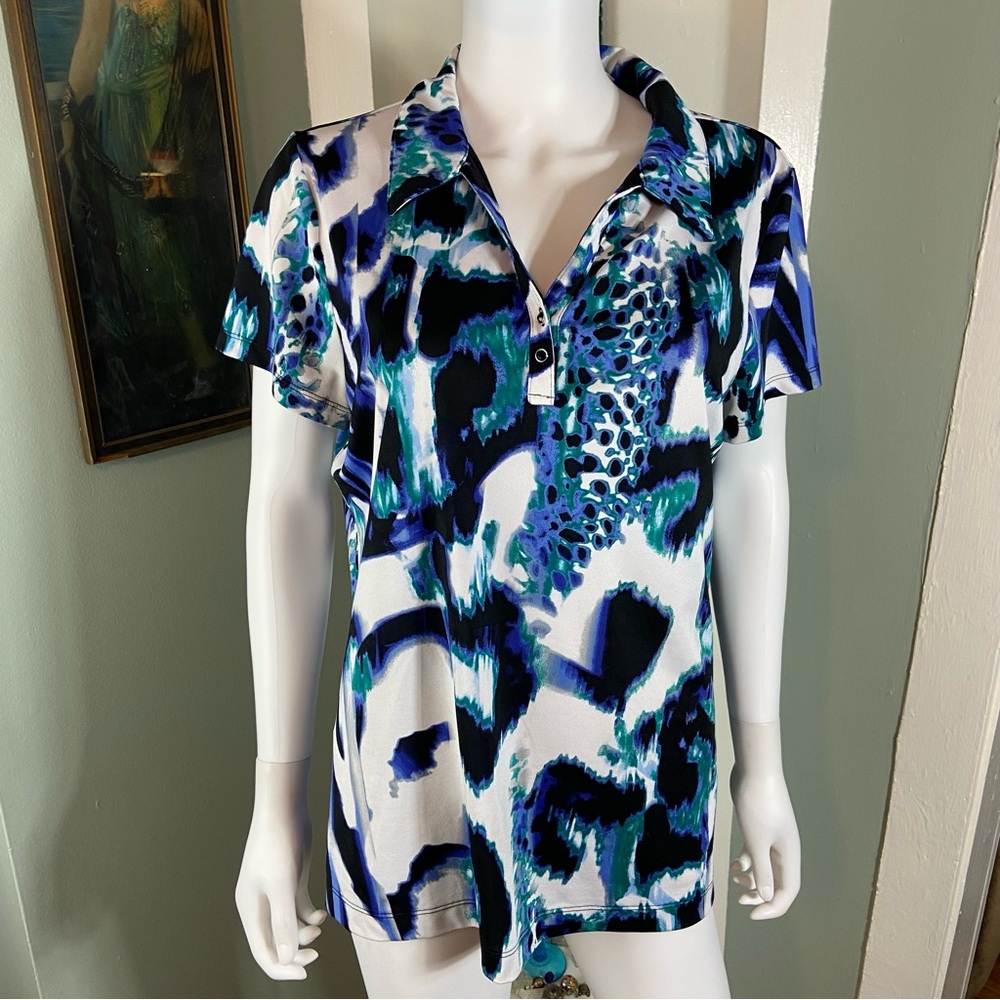 Chicos Sz 2 Zenergy Golf Abstract Polo Shirt Blue Women's Animal Print Blue